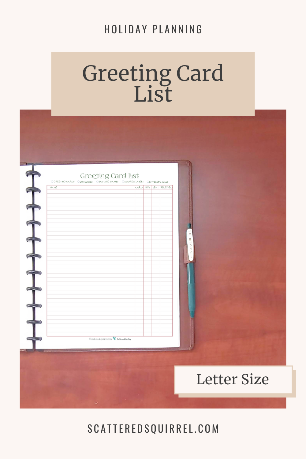 This image links to the letter size, Greeting Card List pdf printable.