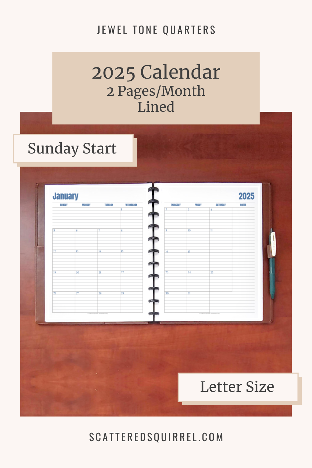 This image links to the lined, letter size 2025, Sunday Start Calendar pdf printable. It's part of the Jewel Tone Quarters collection.