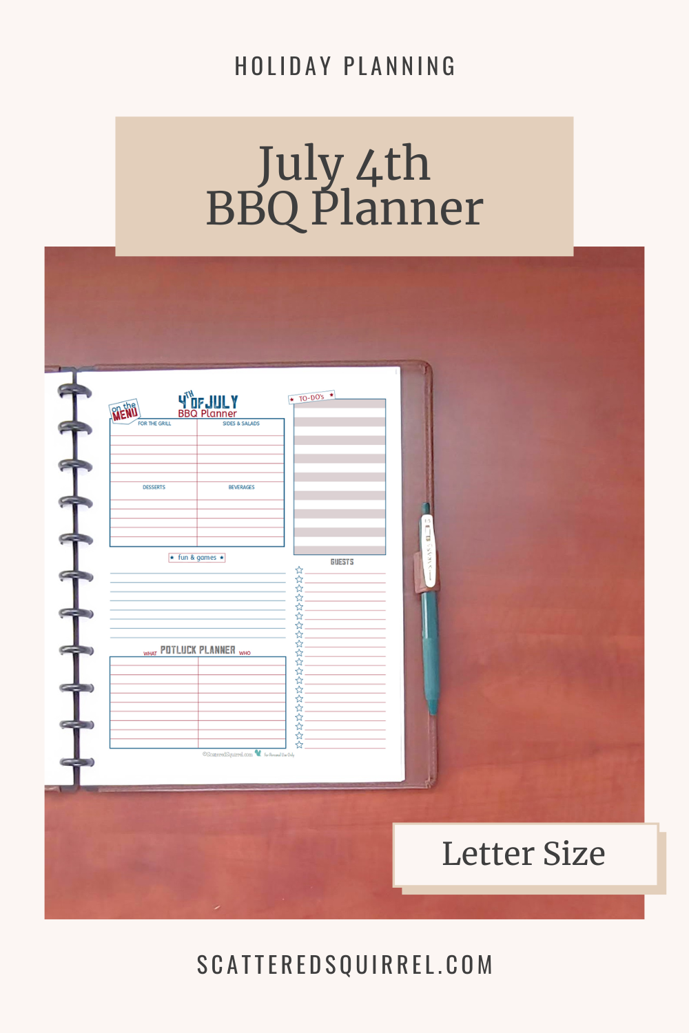 This image links to the letter size, July 4th BBQ Planner PDF printable.