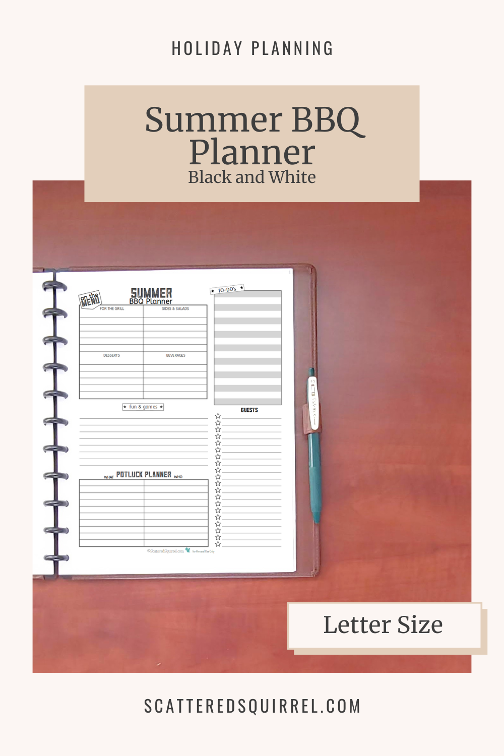 This image links to the letter size, Black and White BBQ Planner PDF printable.