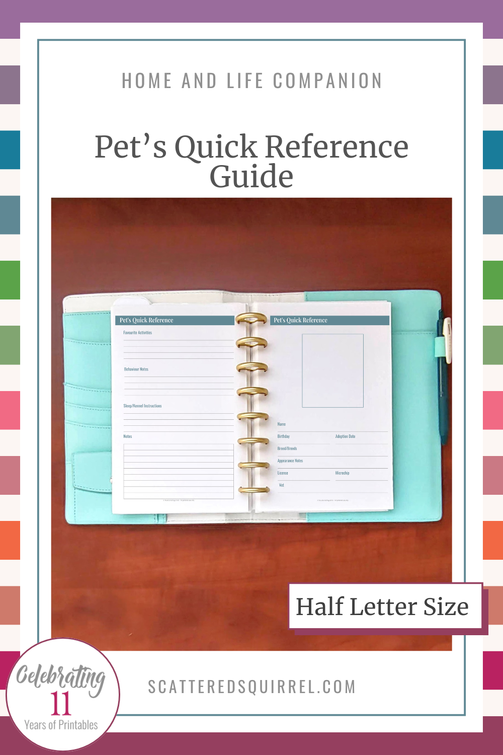 This image links to the half letter size Pet's Quick Reference Guide PDF printable. It's part of the Family section in the Home and Life Companion collection.