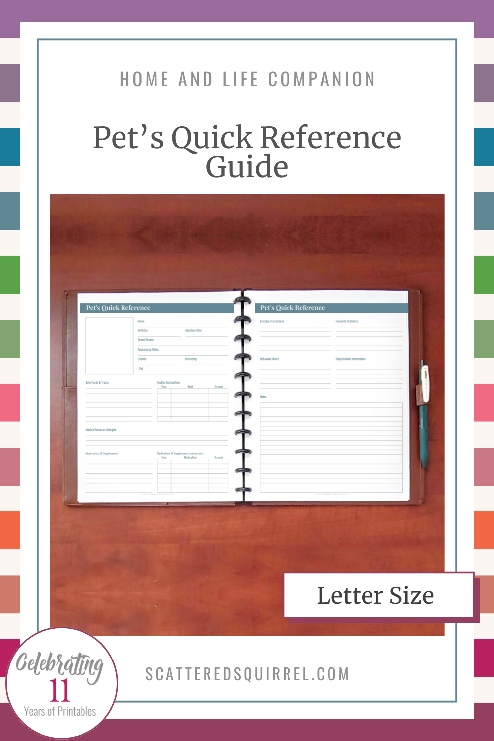 This image links to the letter size Pet's Quick Reference Guide PDF printable. It's part of the Family section in the Home and Life Companion collection.