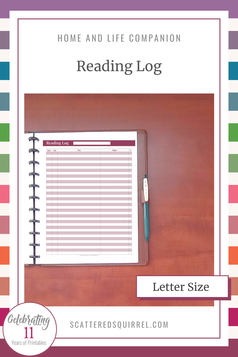 This image links to the letter size Reading Log PDF printable. It's part of the Life Events section in the Home and Life Companion collection.