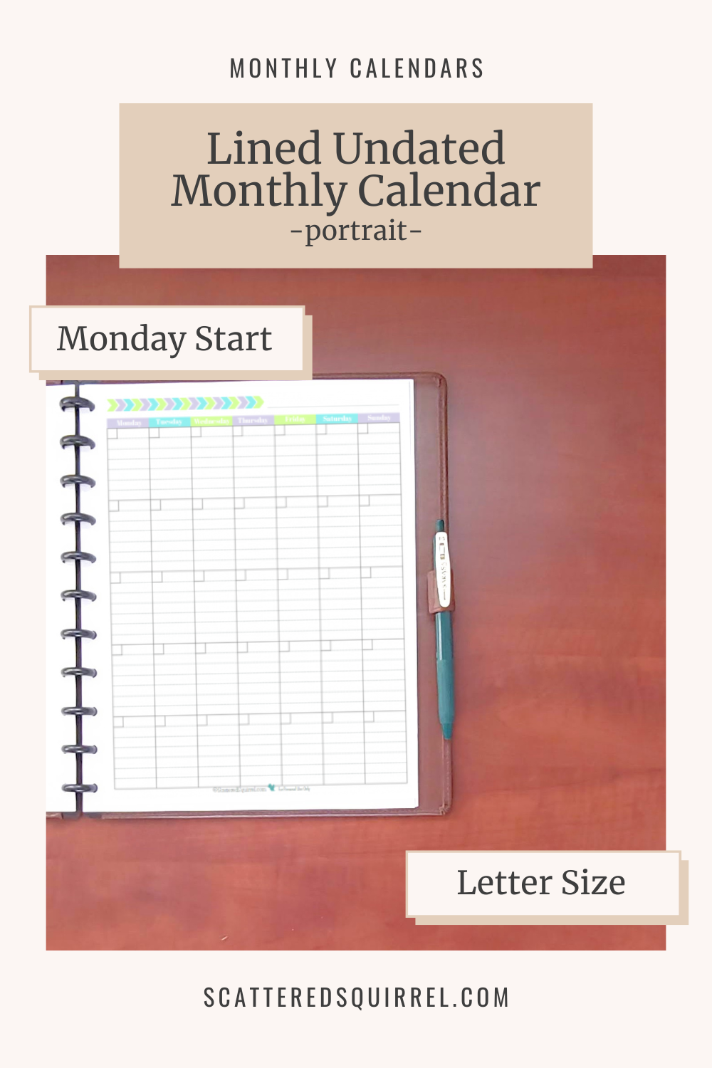 This image links to the Monday start. letter size, single page, portrait, lined, undated, monthly calendar printable PDF