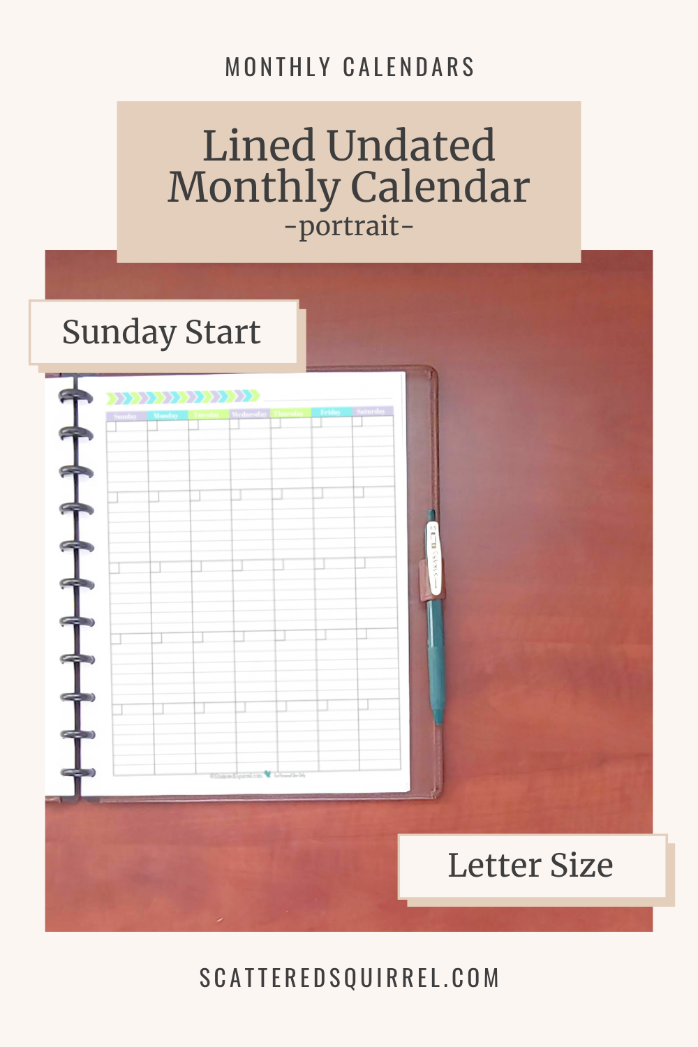 This image links to the Sunday start. letter size, single page, portrait, lined, undated, monthly calendar printable PDF