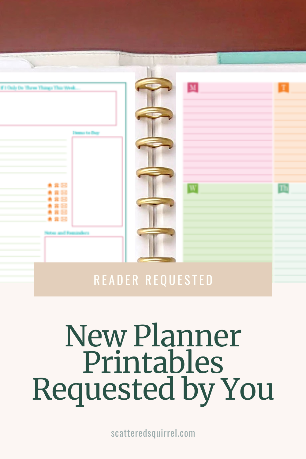 This image shows a photo of a weekly to-do list and a weekly planner in a teal and white planner lying open on a flat, wooden, surface. "Reader Requested" is written in white text on a beige rectangle that overlaps a small portion of the bottom of the photo and the beige box that makes up the bottom third of the image. On the beige box is green text that says "New Planner Printables Requested by You"