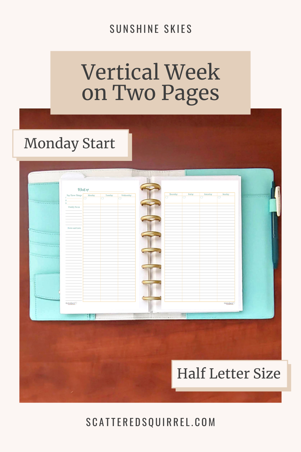 This image links to the half letter size, Vertical Week on Two Pages, Monday Start, Weekly Planner printable PDF from the Sunshine Skies Collection.