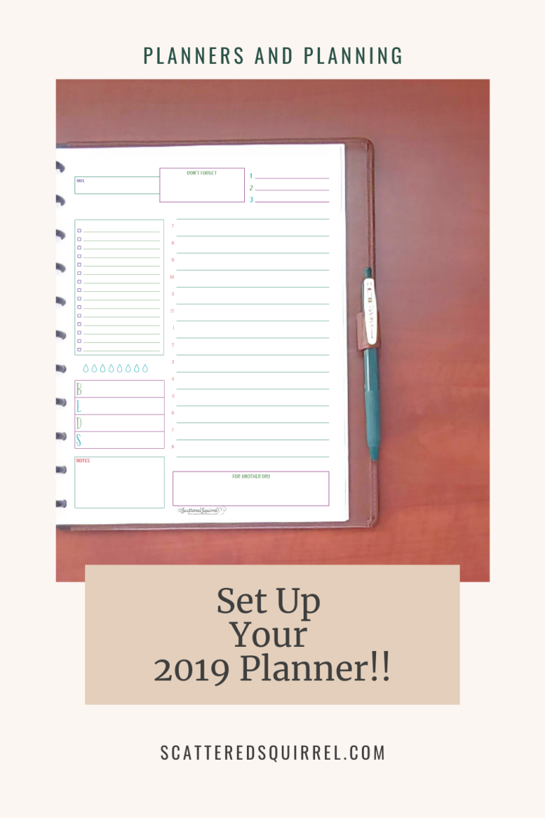 This image is a tall pale beige rectangle that says "Planners and Planning" in green text at the top. Then there is an image of the right half of a letter size, brown leather planner, lying open on a wooden desk. The planner page showing is a daily planner. "Set Up Your 2019 Planner!" is written in a dark brown, serif font on a tan box that partially overlaps the photo.