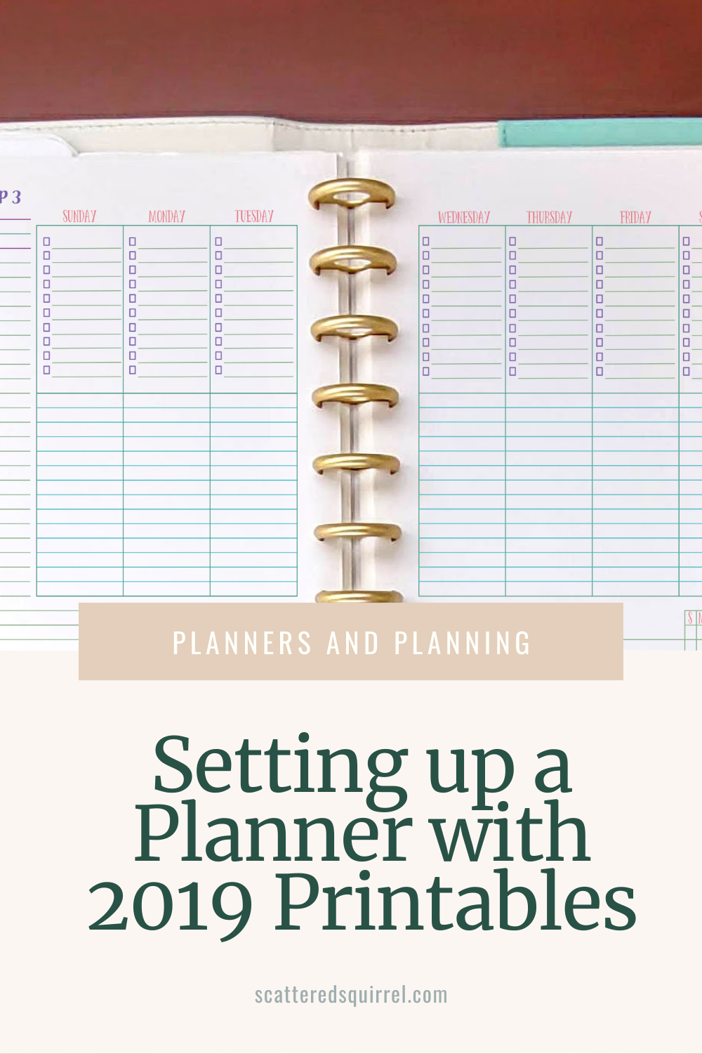 This portrait oriented image shows a photo of a week on two pages planner in a teal and white planner lying open on a wooden surface. Overlapping a small portion on the bottom of the picture is a beige box with white text that reads "Planners and Planning." Below is dark green text on pale tan background that reads "Setting up a Planning with 2019 Printables"