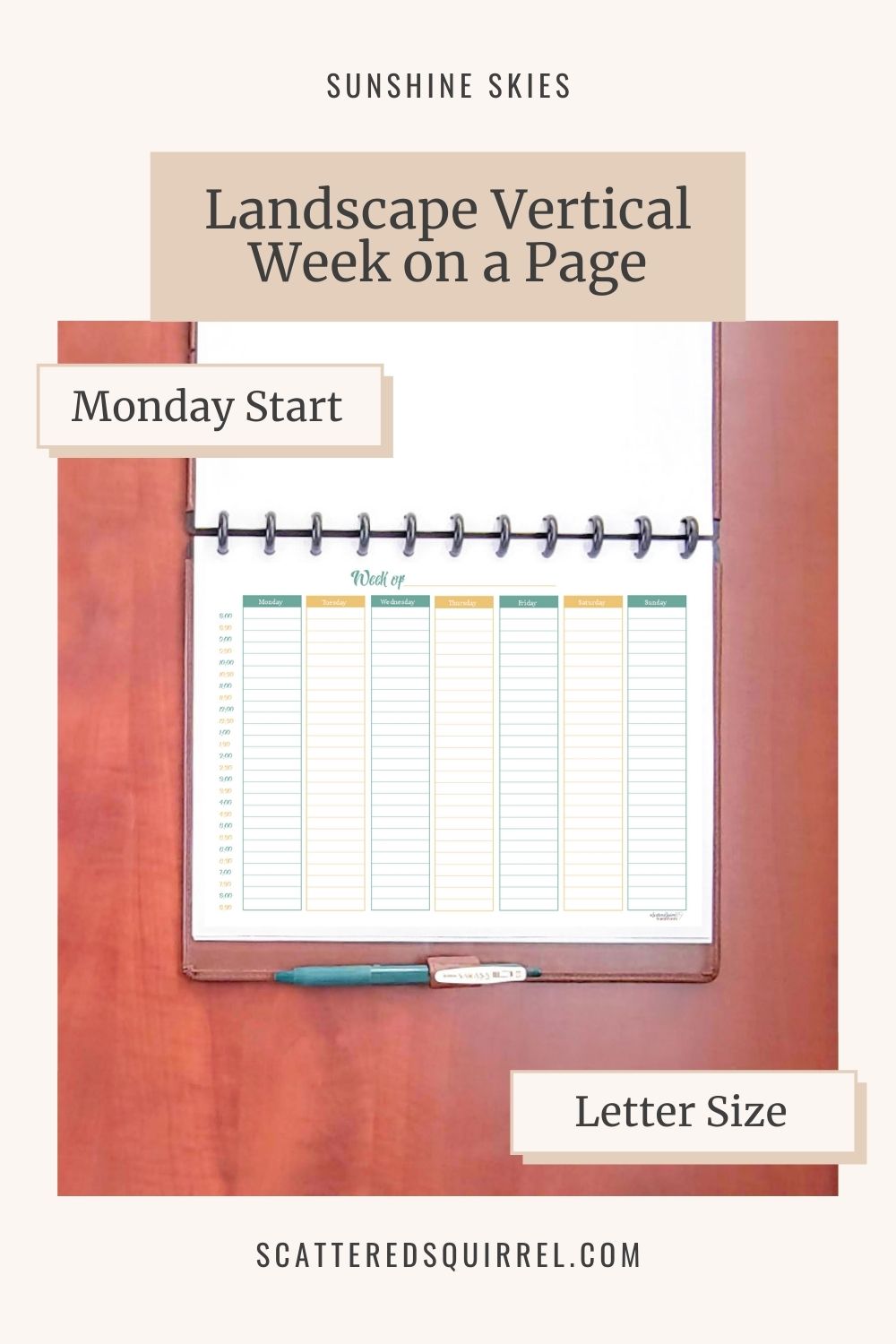 This image links to the letter size, Landscape Vertical Week on a Page, Monday Start, Weekly Planner printable PDF from the Sunshine Skies Collection.