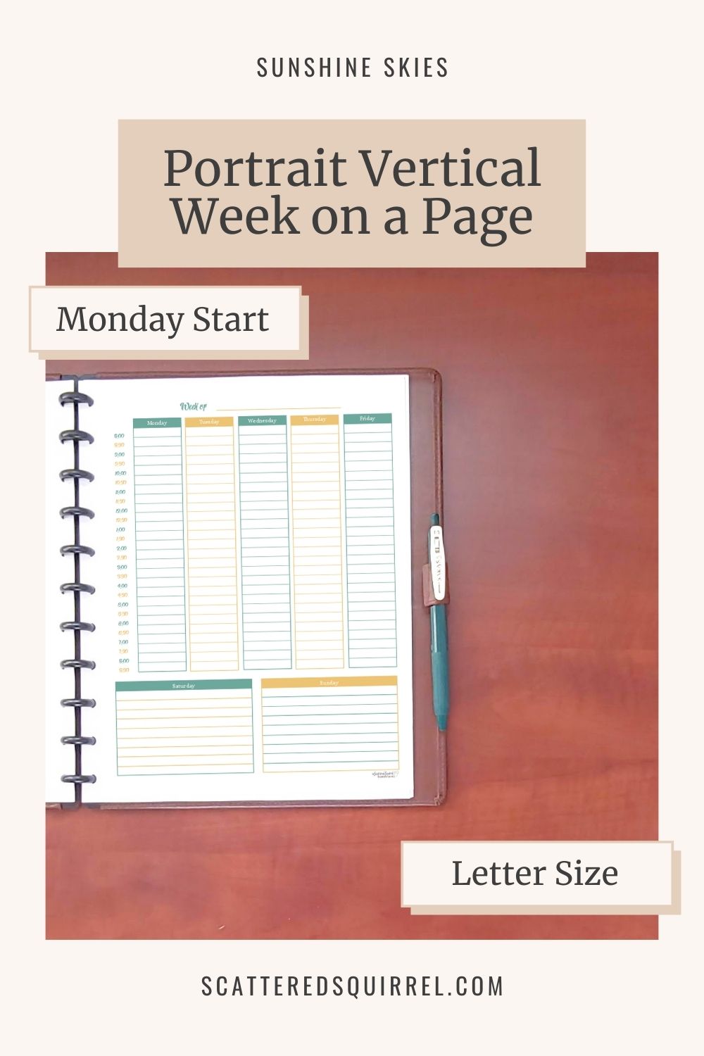 This image links to the letter size, Portrait Vertical Week on a Page, Monday Start, Weekly Planner printable PDF from the Sunshine Skies Collection.