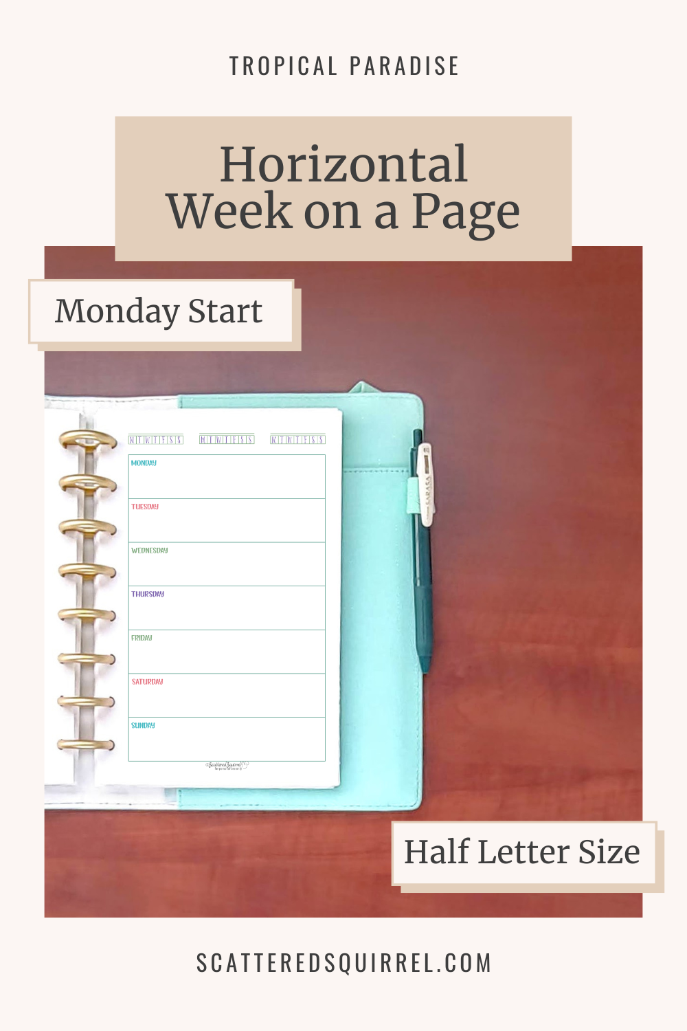 This image links to half letter size, Monday start, Horizontal Week on a Page PDF printable from the Tropical Paradise Collection.