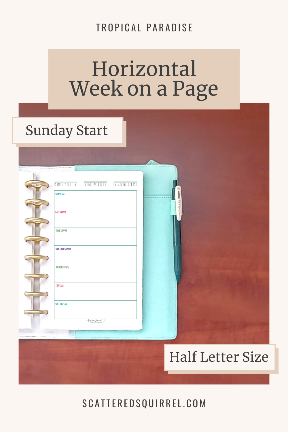 This image links to half letter size, Sunday start, Horizontal Week on a Page PDF printable from the Tropical Paradise Collection.