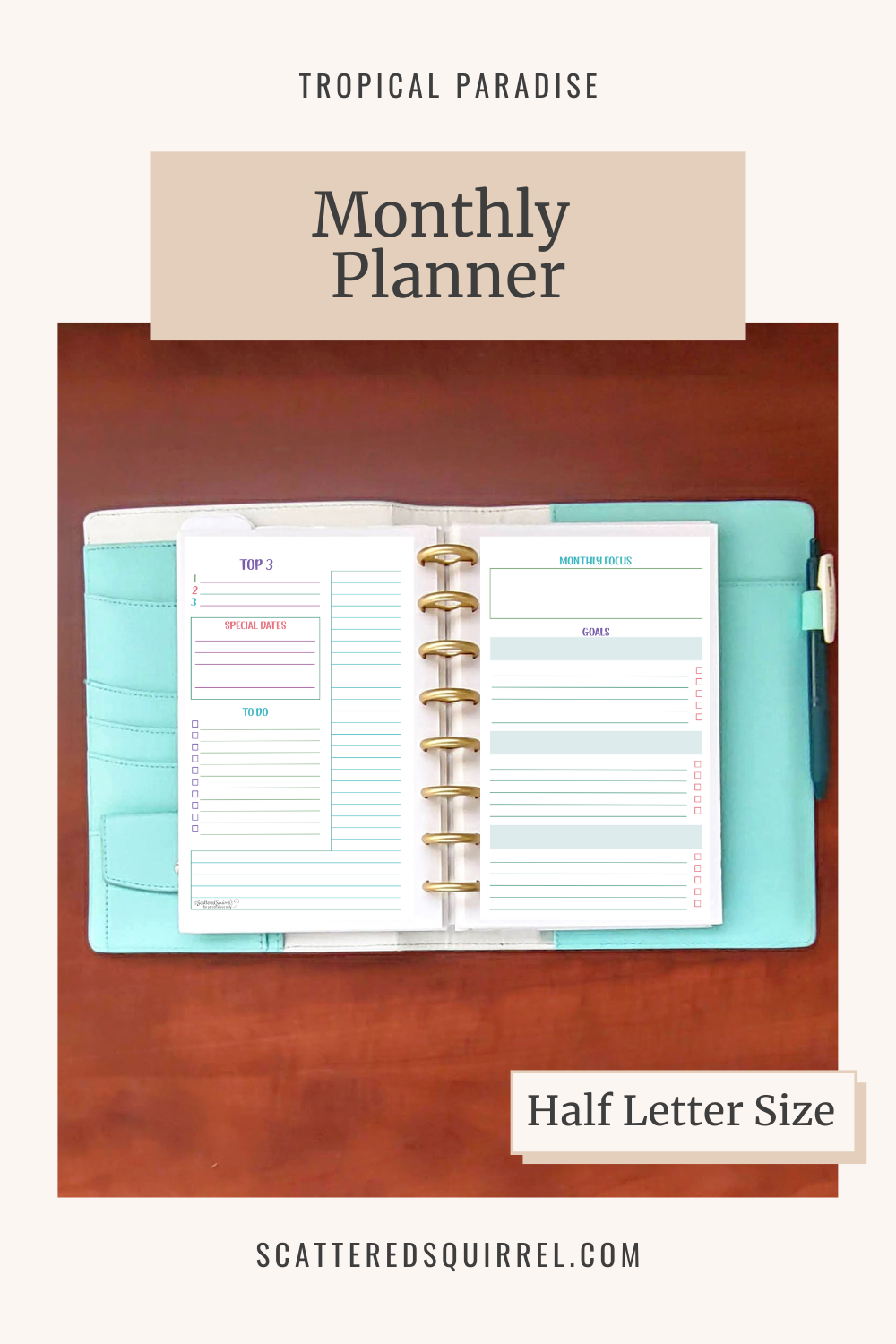 This image links to half letter size, Monthly Planner PDF printable from the Tropical Paradise Collection.