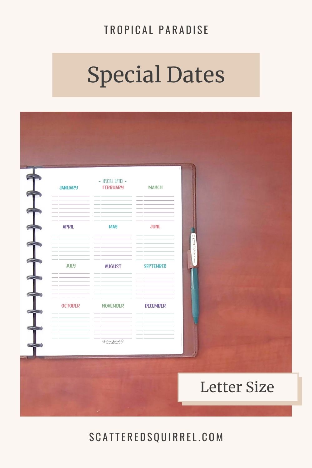 This image links letter size, Special Dates PDF printable from the Tropical Paradise Collection.