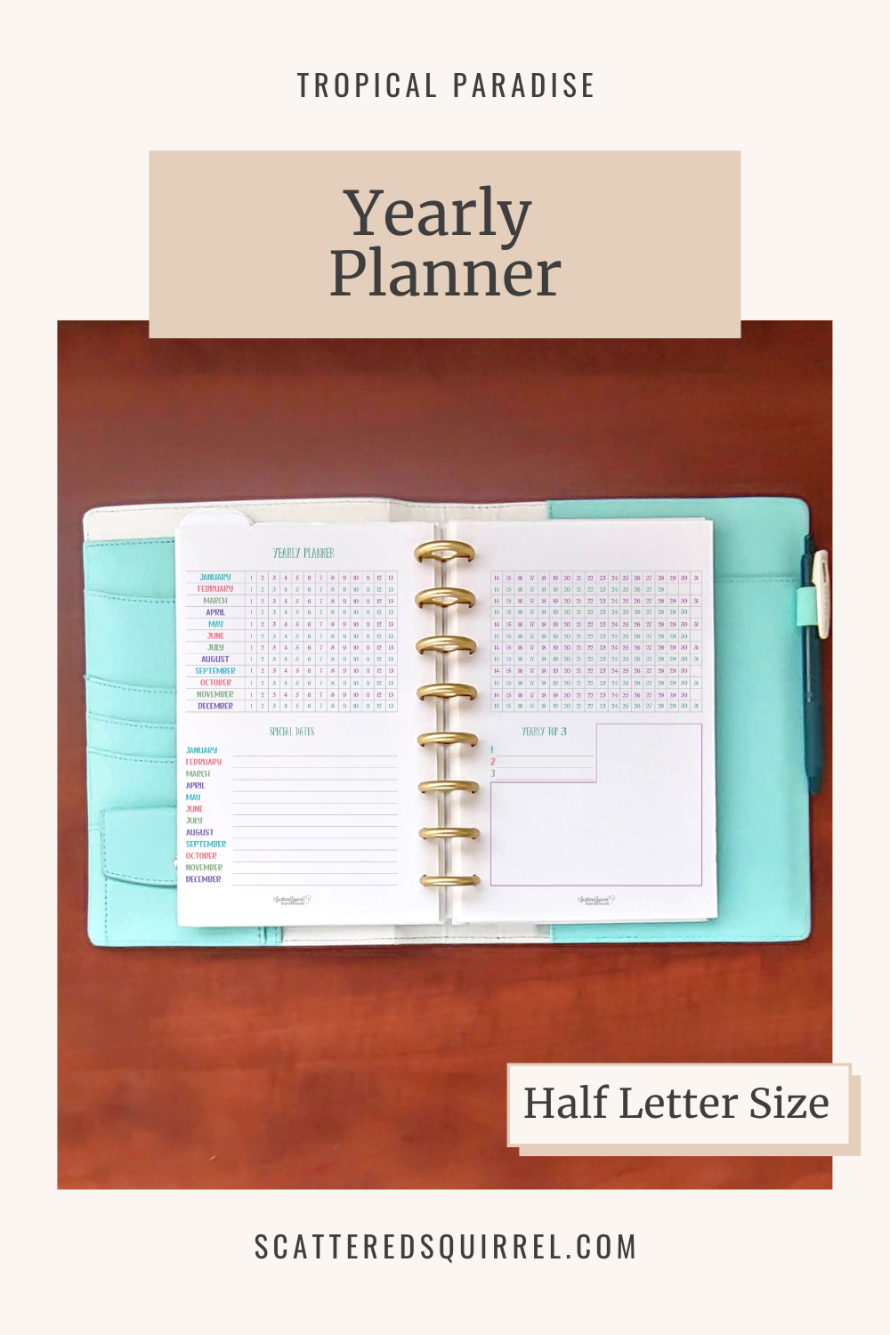 This image links to half letter size, Yearly Planner PDF printable from the Tropical Paradise Collection.