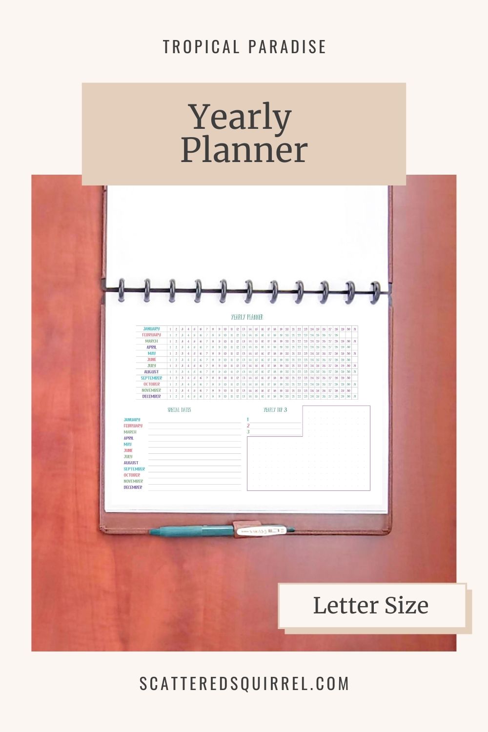 This image links to letter size, Yearly Planner PDF printable from the Tropical Paradise Collection.