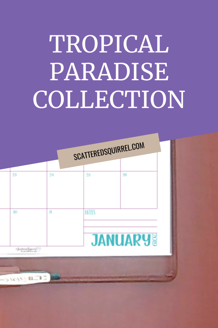 White text reads "Tropical Paradise Collection." on a midtone purple background that covers the top third of image with the bottom of it being angle up from left to right at a 15 degree angle. Underneath is a partial picture of a brown leather planner with a monthly calendar page partially showing the month of January 2019. The colours of the calendar are a warm purple paired with a mid tone aqua.