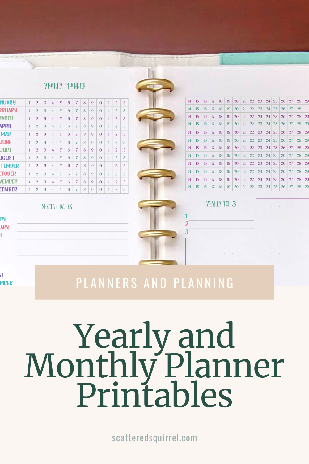 This image is a tall rectangle with a photo taking up the top two thirds and a beige background filling the bottom third. The photo shows a yearly planner printable from the Tropical Paradise collection in a teal and white leather planner lying open on a wooden desk. There is a dark tan rectangle that sits half on the bottom of the photo and half on the beige background. In white text it says "Planners and Planning" and below that in large, dark green text it says "Yearly and Monthly Planner Printables."