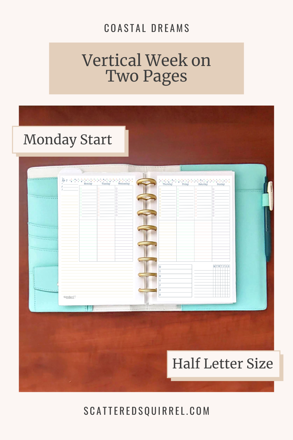 This image links to the half letter size, Vertical Week on Two Pages, Monday Start, Weekly Planner printable PDF from the Coastal Dreams Collection.