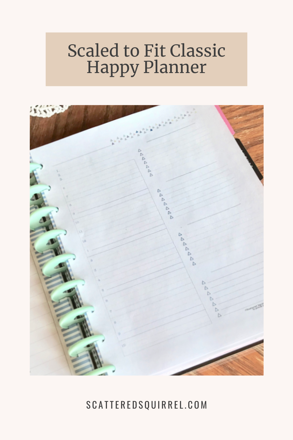 This image shows a photo of a daily planner page in a disc bound Happy Planner. At the top of the image is a label that say "Scaled to Fit Classic Happy Planner."