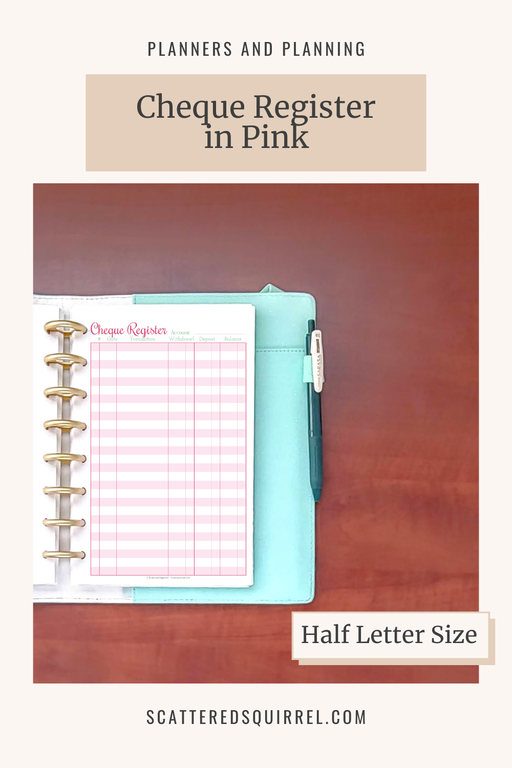 This image links to the half letter size, Pink Cheque Register printable PDF.