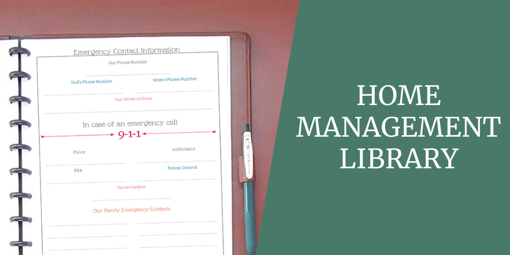 Title image that says Home Management Library and includes a picture of an emergency contact page. This image also links back to the Home Management page.