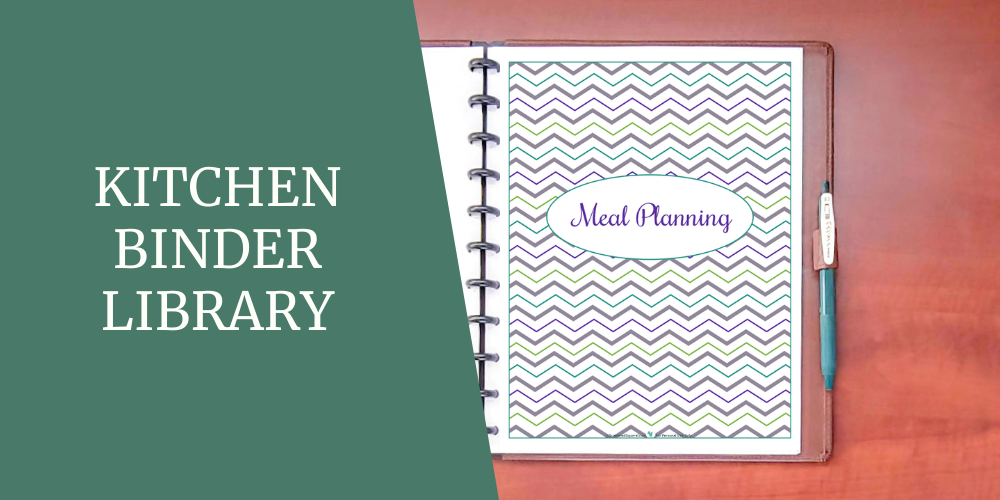 Title image that says Kitchen Binder Library and includes a picture of divider for a meal planning section in a planner. This image also links back to the Kitchen Binder page.