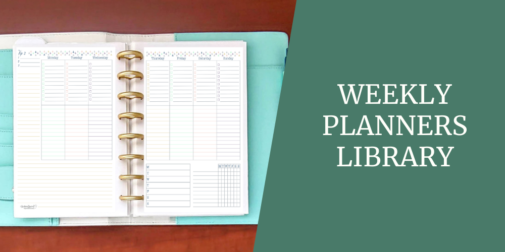 Title image that says Weekly Planners Library and includes a picture of weekly planner. This image also links back to the Weekly Planner page.