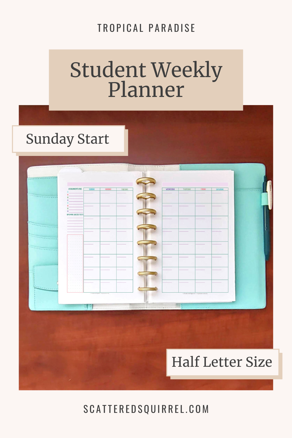 This image links to the half letter size, Sunday start, 2 page, Student Weekly Planner printable PDF from the Tropical Paradise Collection.