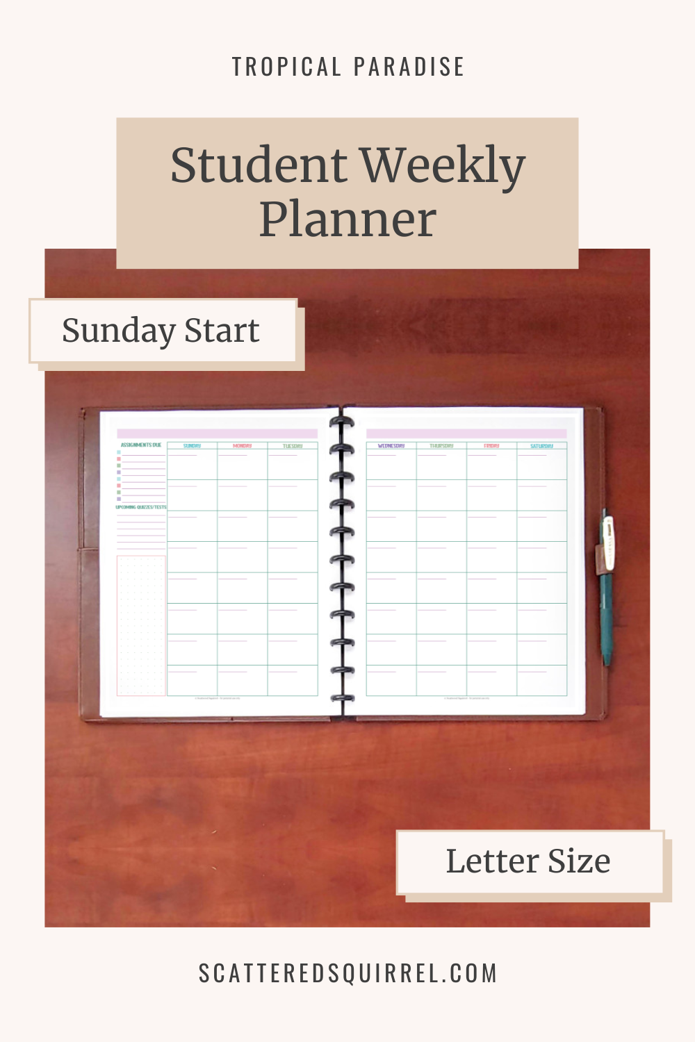 This image links to the letter size, Sunday start, 2 page, Student Weekly Planner printable PDF from the Tropical Paradise Collection.