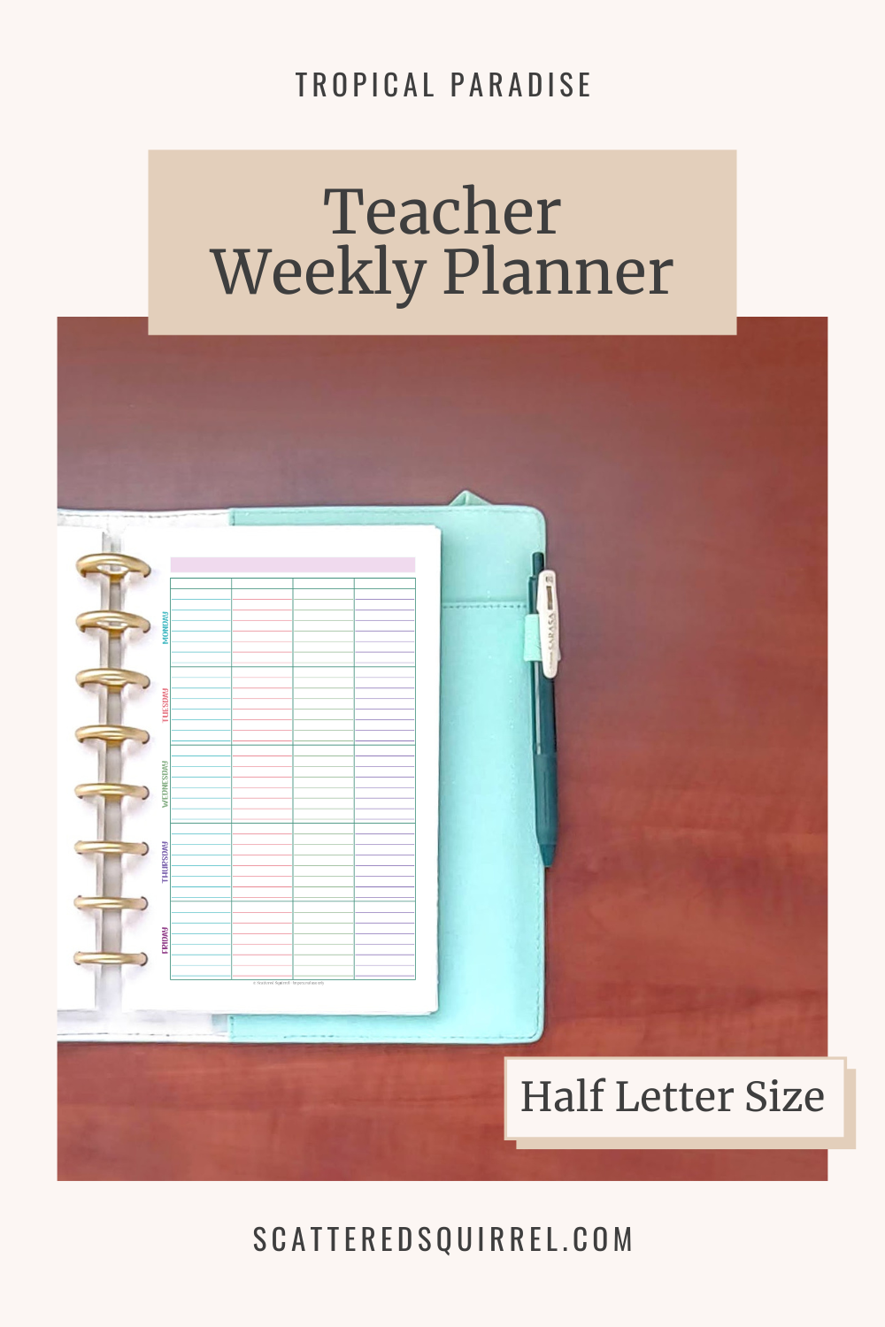 This image links to the half letter size, Teacher Weekly Planner printable PDF from the Tropical Paradise Collection.
