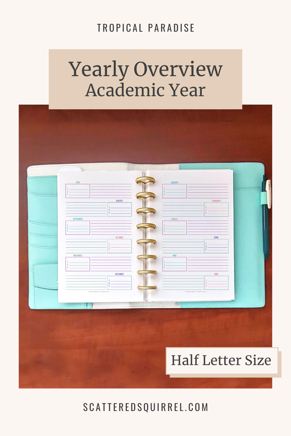 This image links to the half letter size, Yearly Overview (academic year) printable PDF from the Tropical Paradise Collection.
