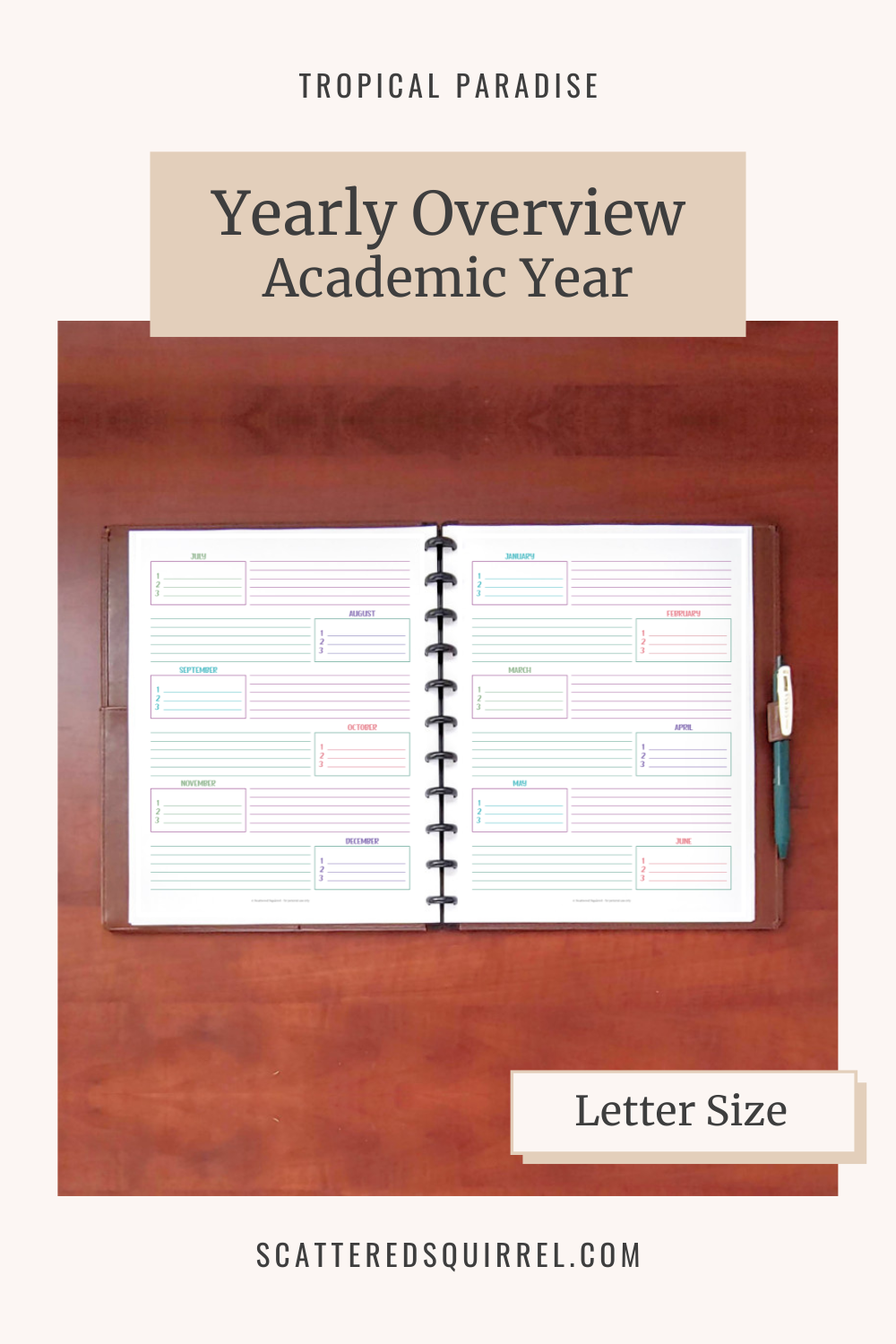 This image links to the letter size, Yearly Overview (academic year) printable PDF from the Tropical Paradise Collection.