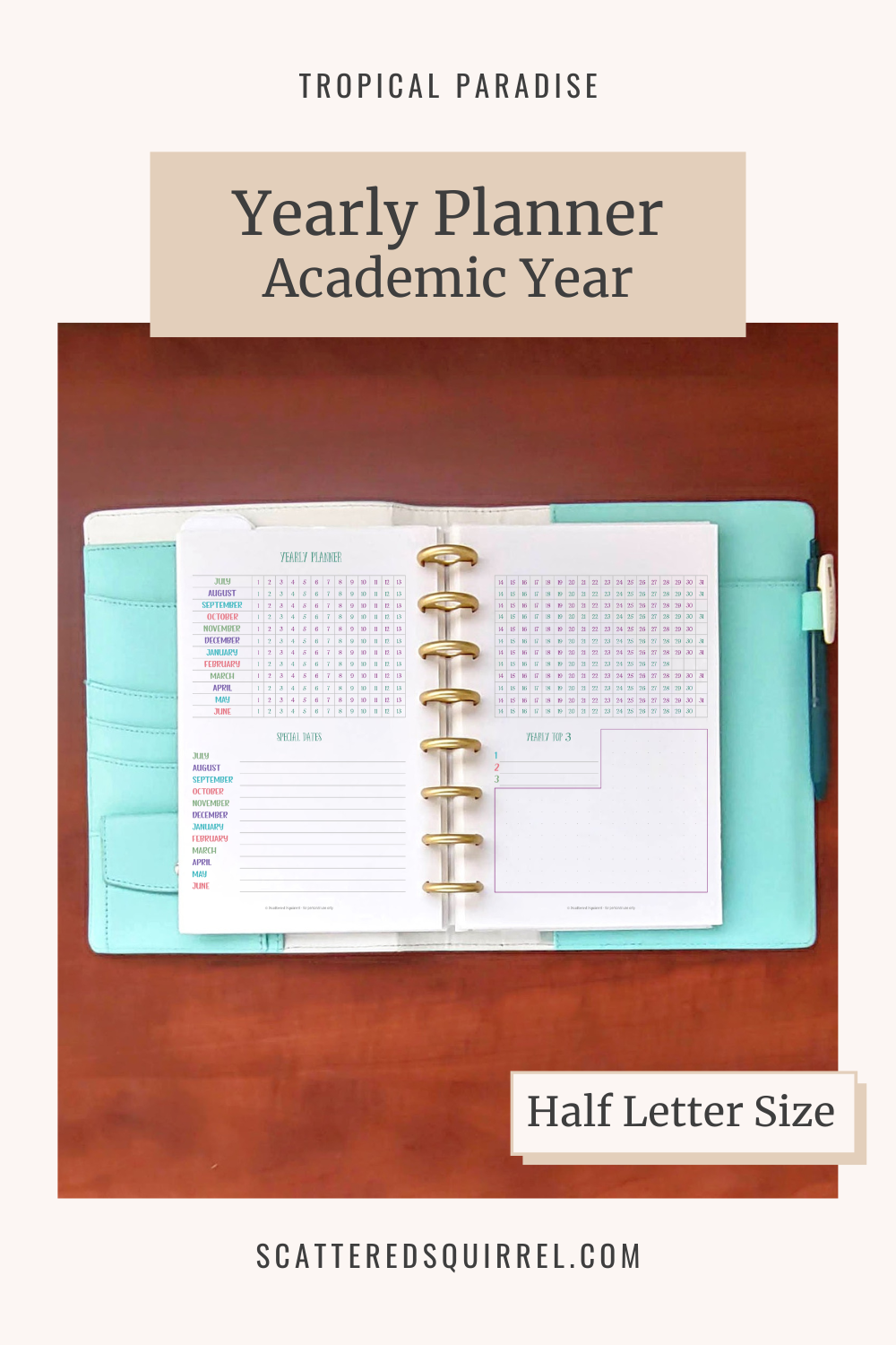 This image links to the half letter size, Yearly Planner (academic year) printable PDF from the Tropical Paradise Collection.