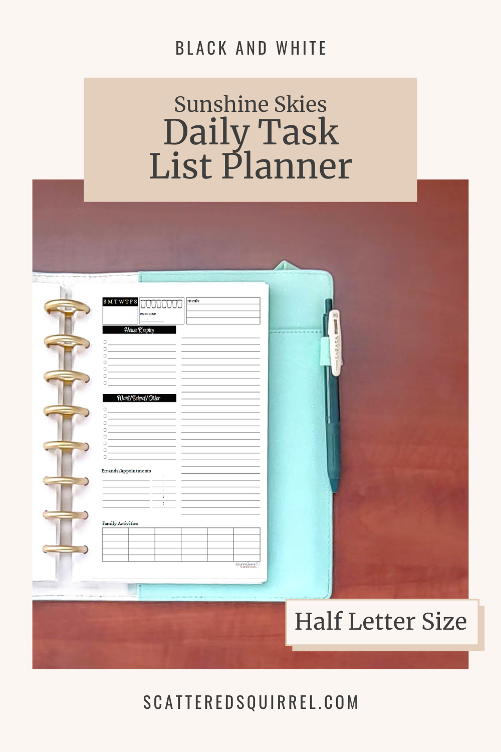 This image links to the half letter size, Sunshine Skies version of the Daily Task List Planner printable PDF from the Black and White Collection.