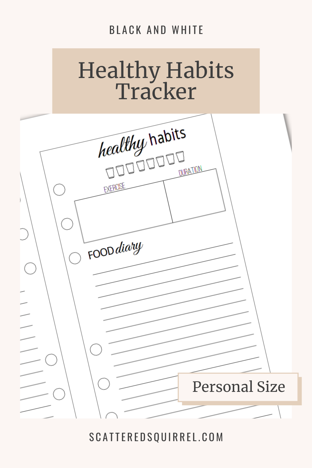 This image links to the personal size, Healthy Habits Tracker printable PDF from the Black and White Collection.