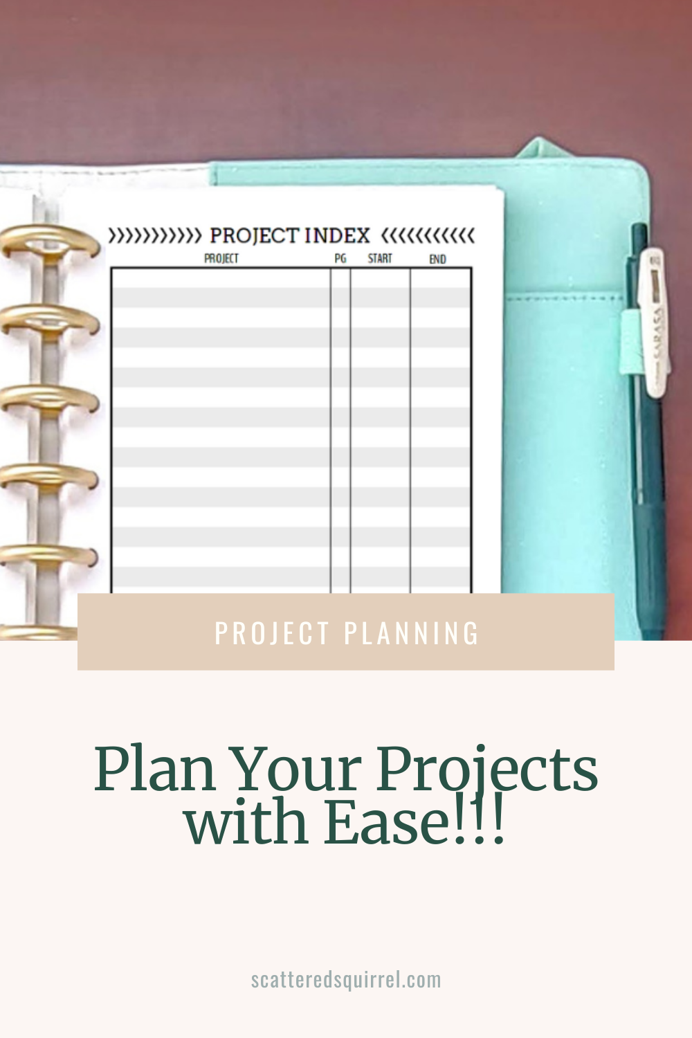 This image shows a half letter project planning printable in an A5, teal and white leather planner. The text on it says, Plan Your Projects with Ease!!! This is a pinnable image for the Black and White Projects Planner post.