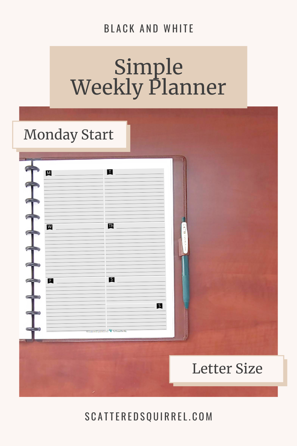 This image links to the letter size, Simple Weekly Planner printable PDF from the Black and White Collection.