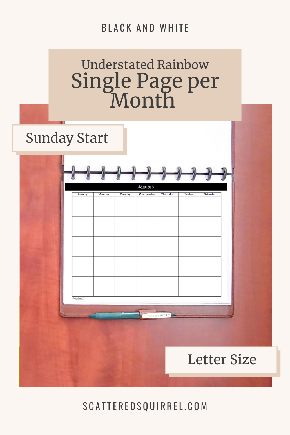 This image links to the letter size, Sunday Start, Understated Rainbow version of the Undated Single Page per Month Calendar printable PDF from the Black and White Collection.
