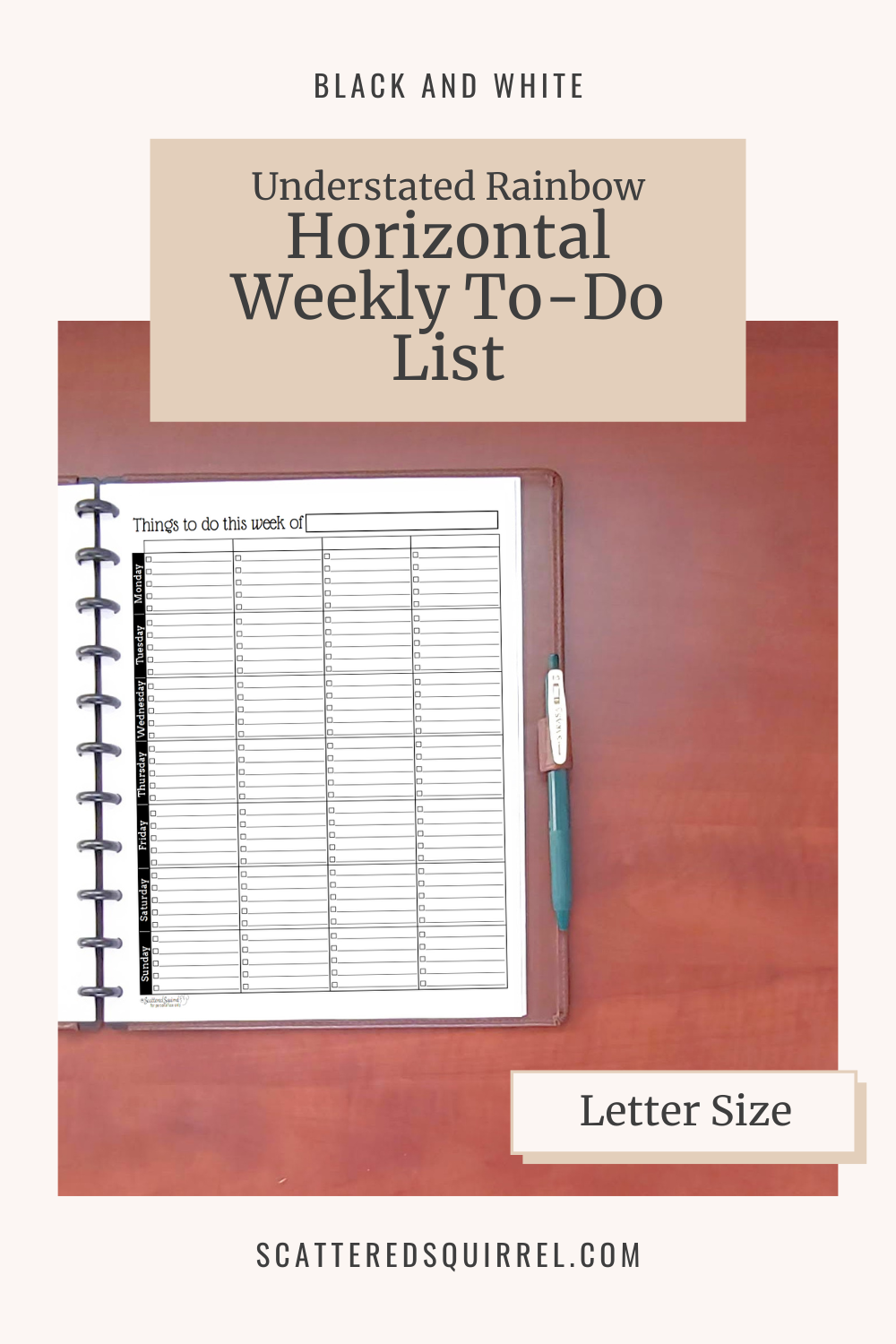 This image links to the letter size, Understated Rainbow version of the Horizontal Weekly To-Do List printable PDF from the Black and White Collection.