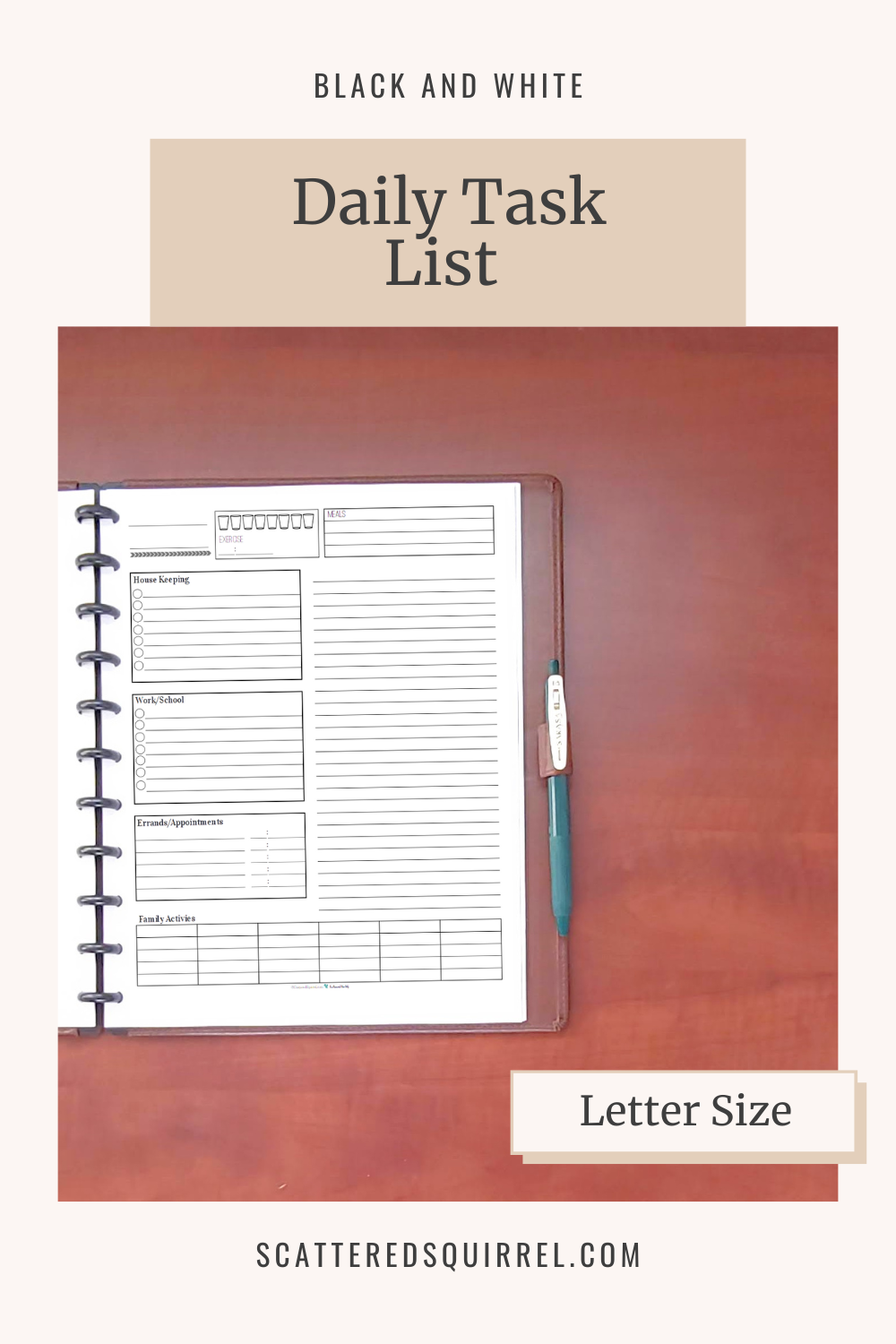 This image links to the letter size, Daily Task List printable PDF from the Black and White Collection.