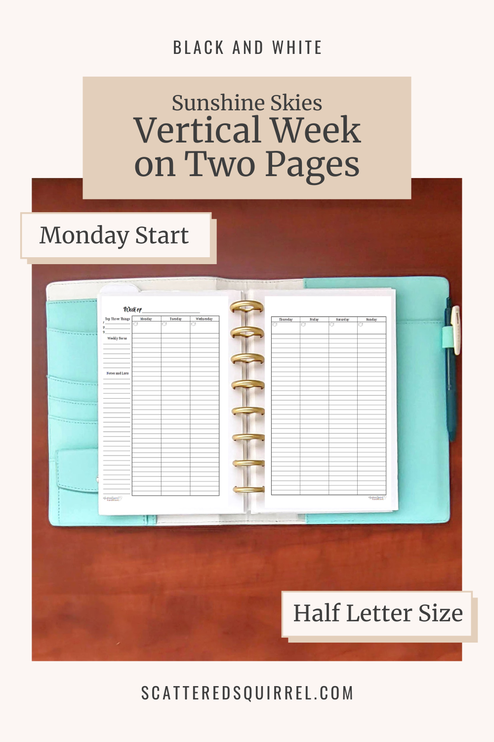 This image links to the half letter size, Monday start, Sunshine Skies version of the Vertical Week on Two Pages printable PDF from the Black and White Collection.
