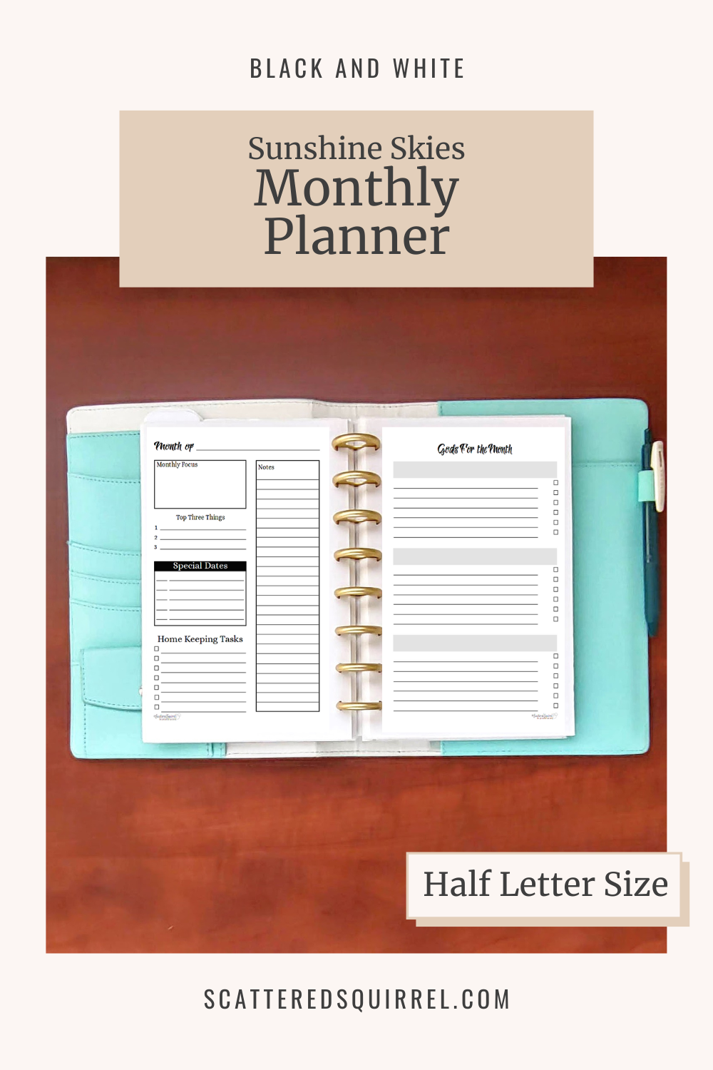 This image links to the half letter size, Sunshine Skies version of the Monthly Planner printable PDF from the Black and White Collection.