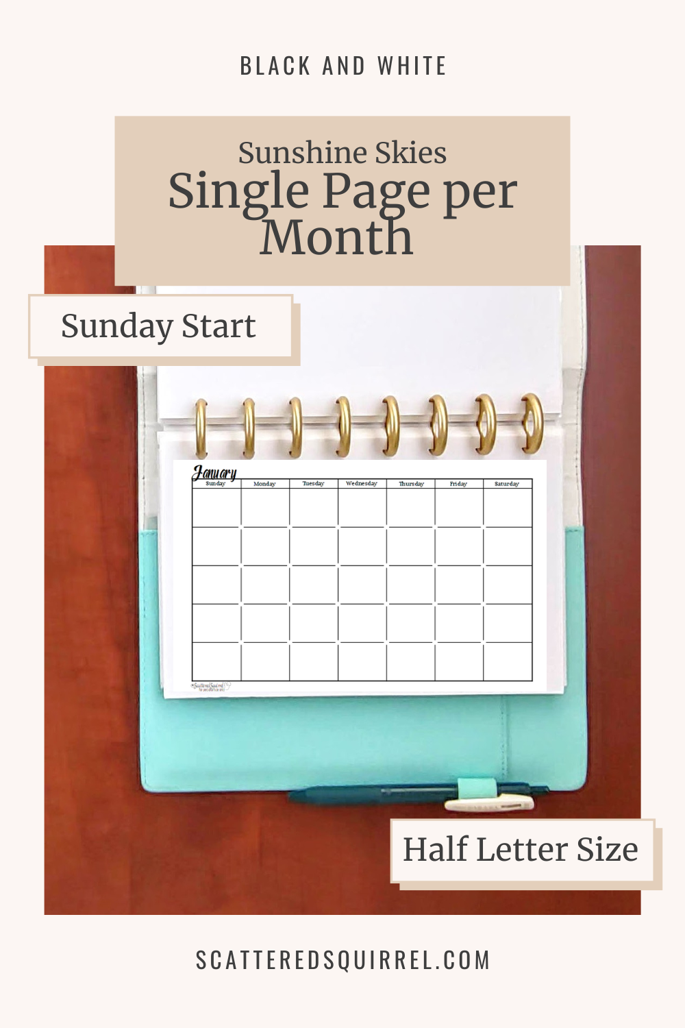 This image links to the half letter size, Sunday Start, Sunshine Skies version of the Undated Single Page per Month Calendar printable PDF from the Black and White Collection.