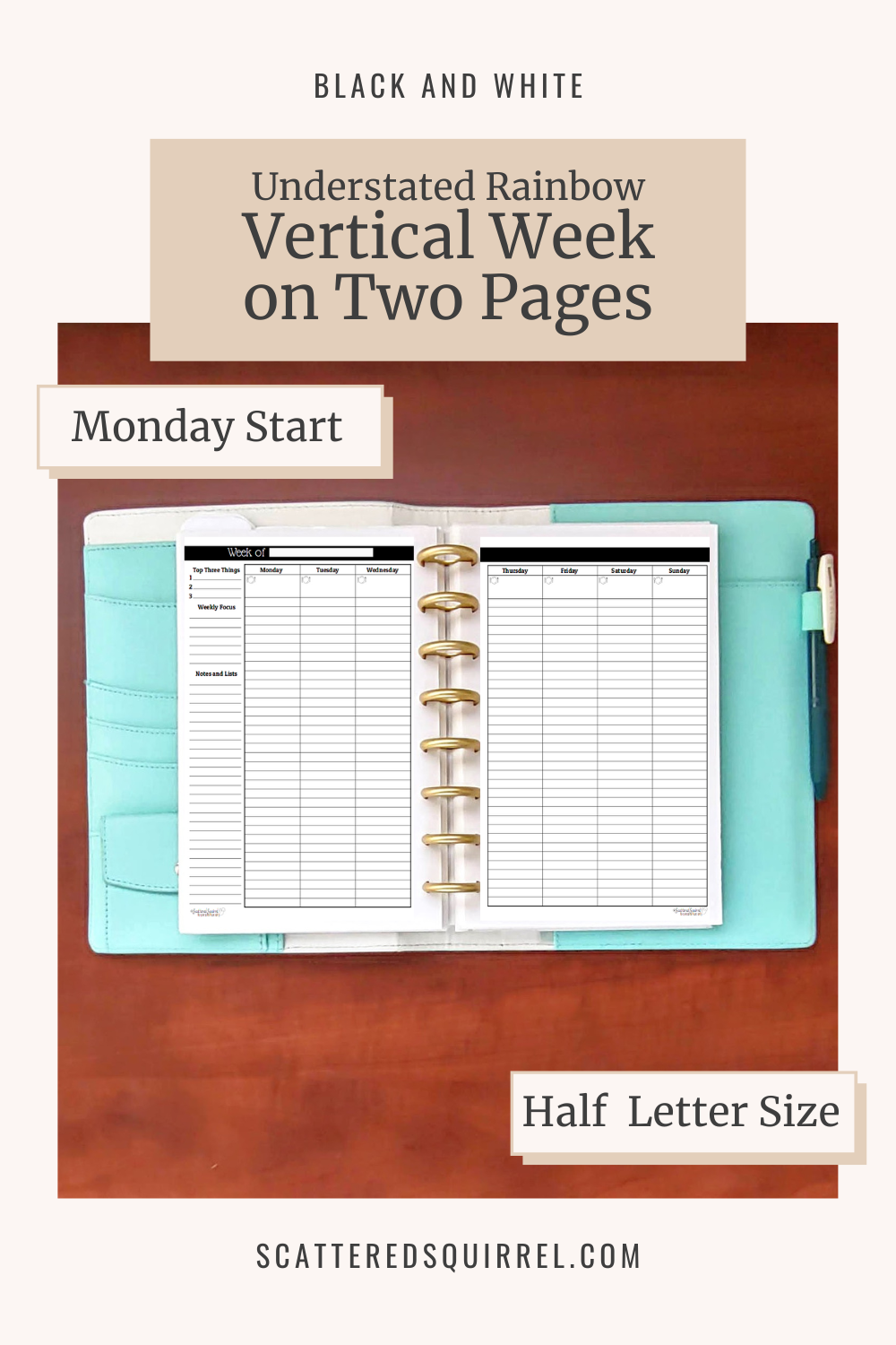 This image links to the half letter size, Monday start, Understated Rainbow version of the Vertical Week on Two Pages printable PDF from the Black and White Collection.
