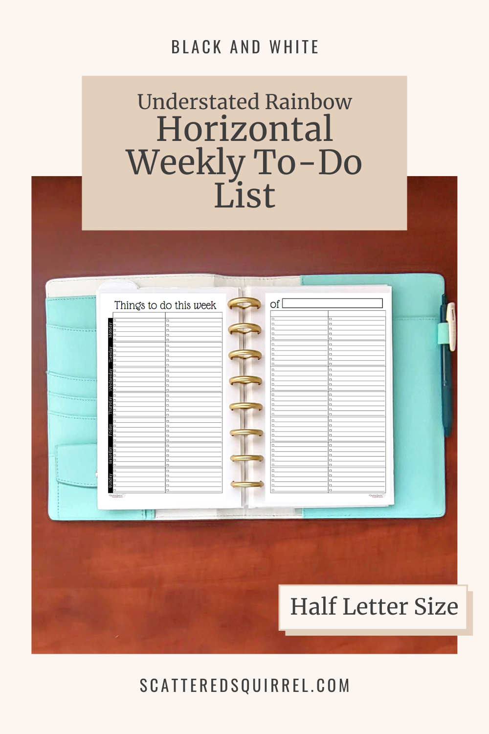 This image links to the half letter size, Understated Rainbow version of the Horizontal Weekly To-Do List printable PDF from the Black and White Collection.