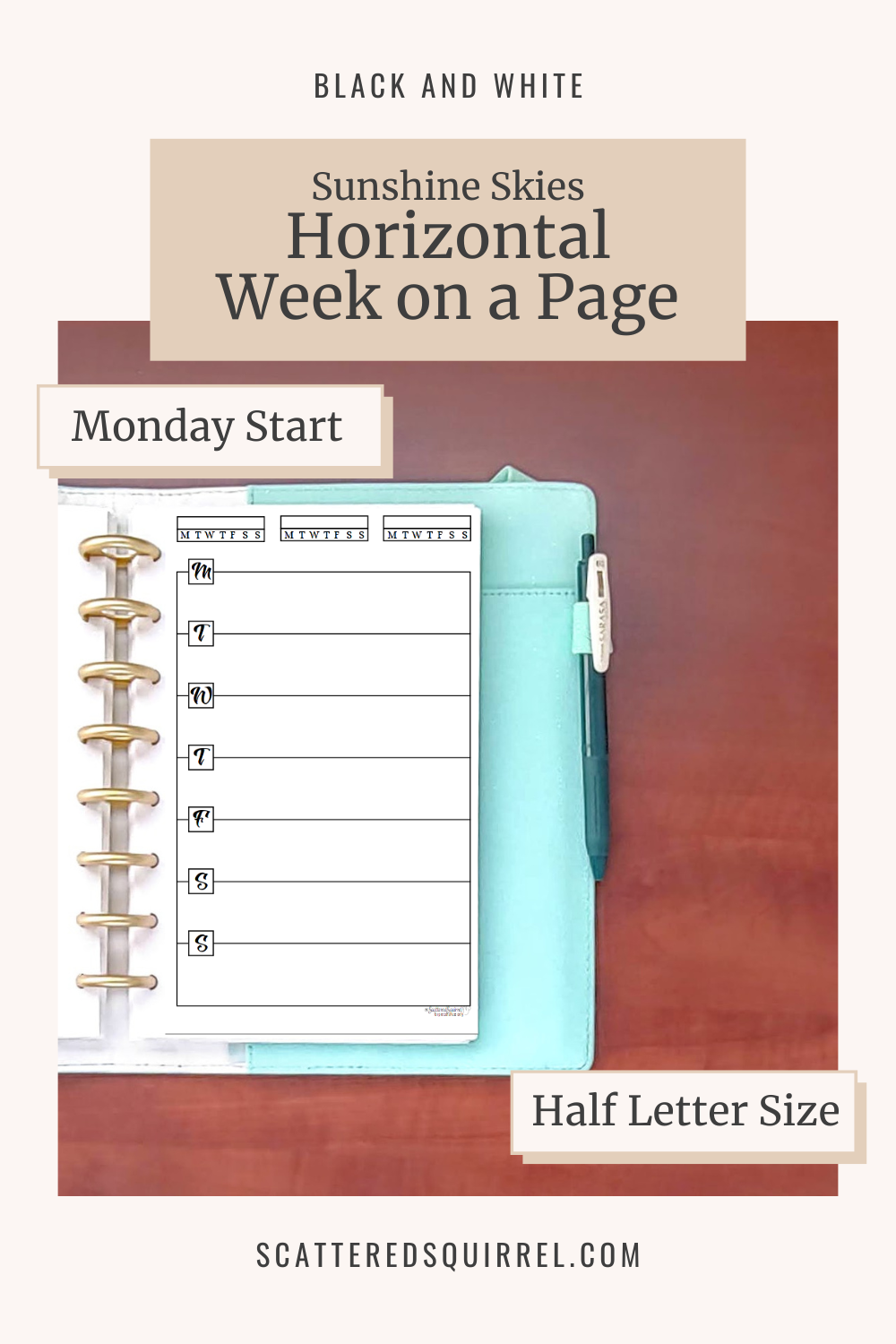 This image links to the half letter size, Monday start, Sunshine Skies version of the Horizontal Week on a Page printable PDF from the Black and White Collection.