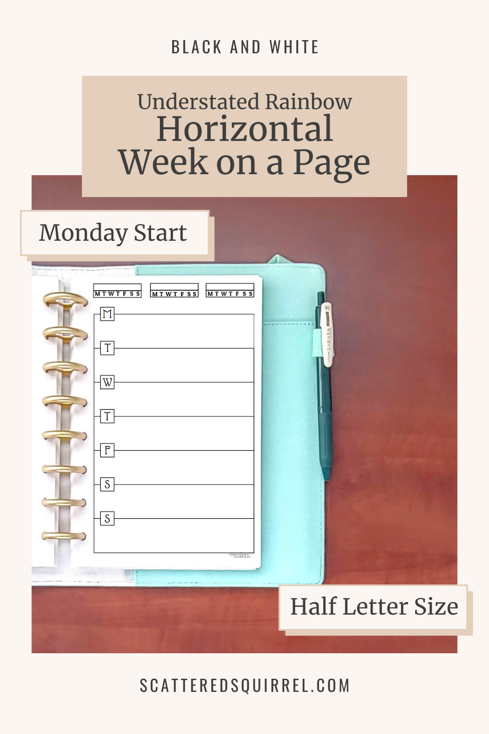 This image links to the half letter size, Monday start, Understated Rainbow version of the Horizontal Week on a Page printable PDF from the Black and White Collection.