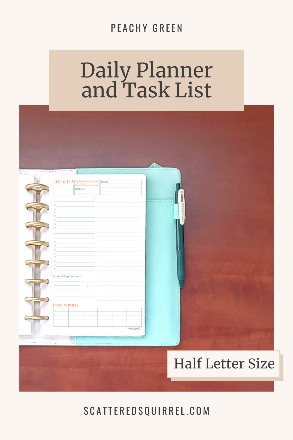 This image links to the half letter size, Daily Planner and Task List printable PDF from the Peachy Green Collection.